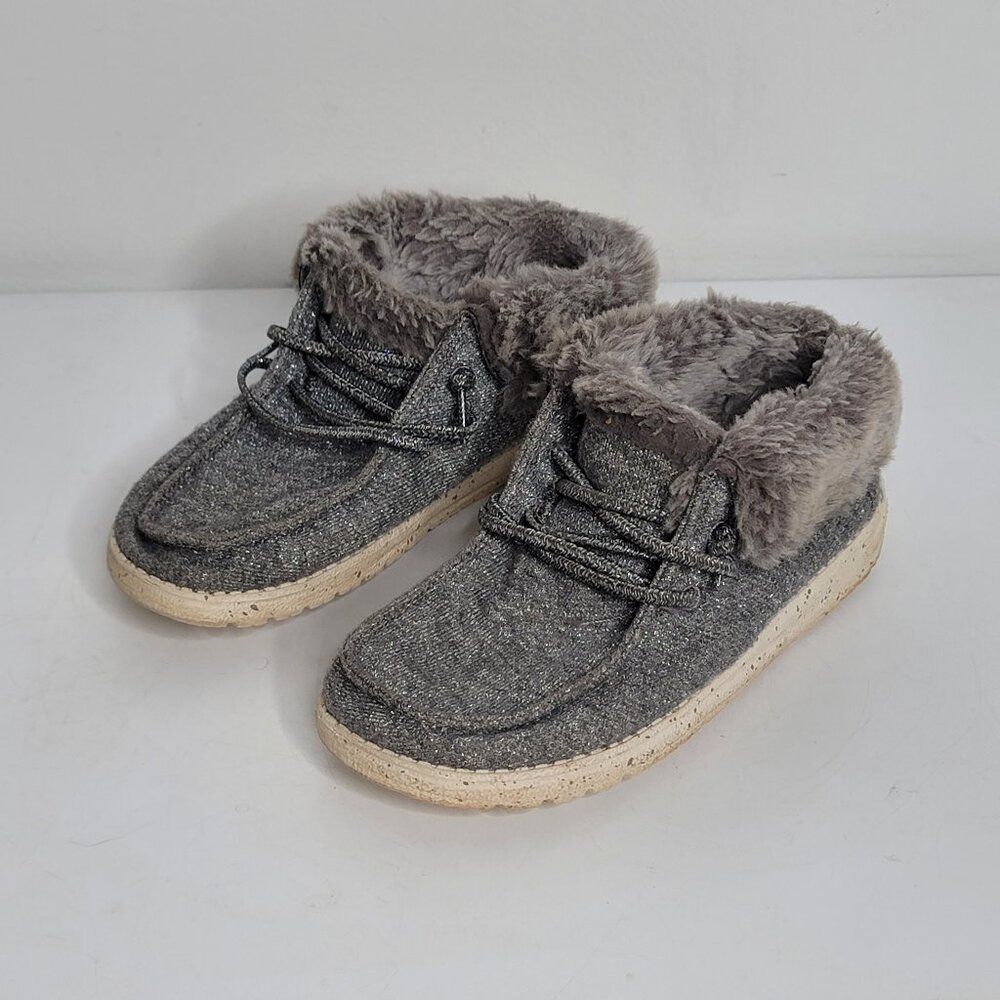 Hey Dude Shoes Sz K13 13 Grey Gray Sparkle Britt Youth Kids Comfort Fur‎ Sneaker